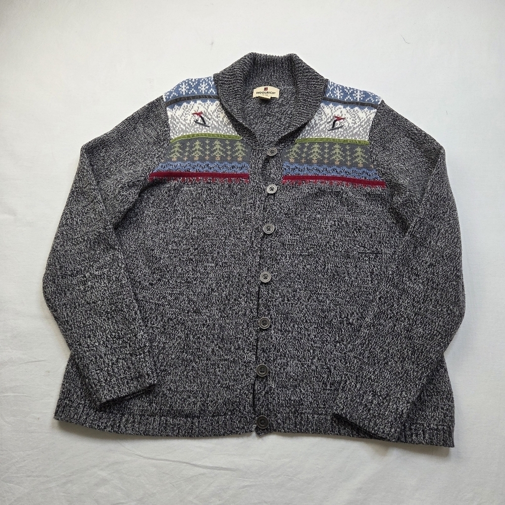 Woolrich Womens Cardigan XL Charcoal Heather Ski Fair Isle Button Front